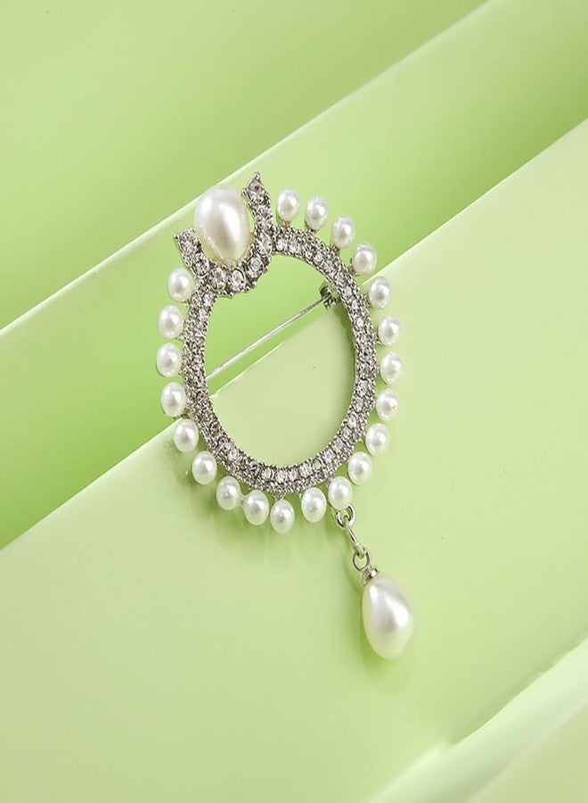 MXUHUI Elegant CZ Cubic Zirconia Round White Simulated Pearl Circle Brooch Pin for Women Wedding (Silver) - Image 2